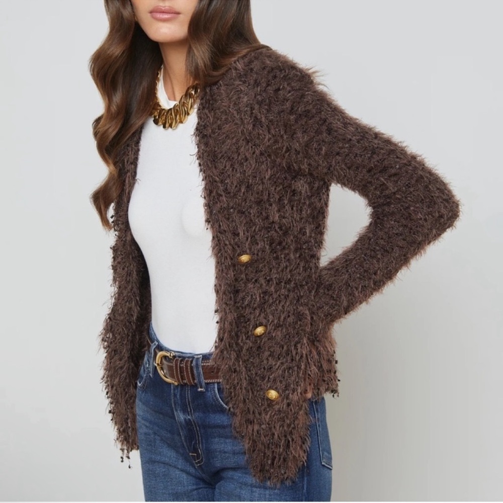 L'Agence Azure Brown Fuzzy Cardigan NWOT